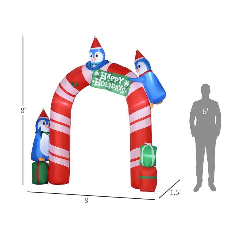 Outsunny 8ft Christmas Inflatable Candy Cane Archway with Three Penguins and Gift Boxes