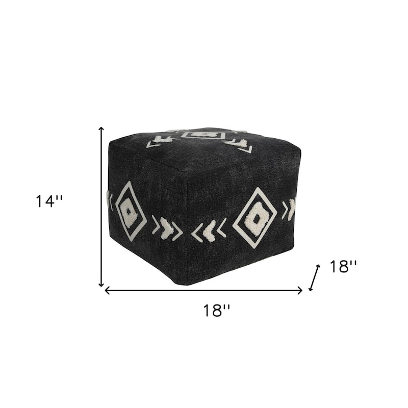 18-Inch Black Cotton Pouf Ottoman with Geometric Design for Living Room
