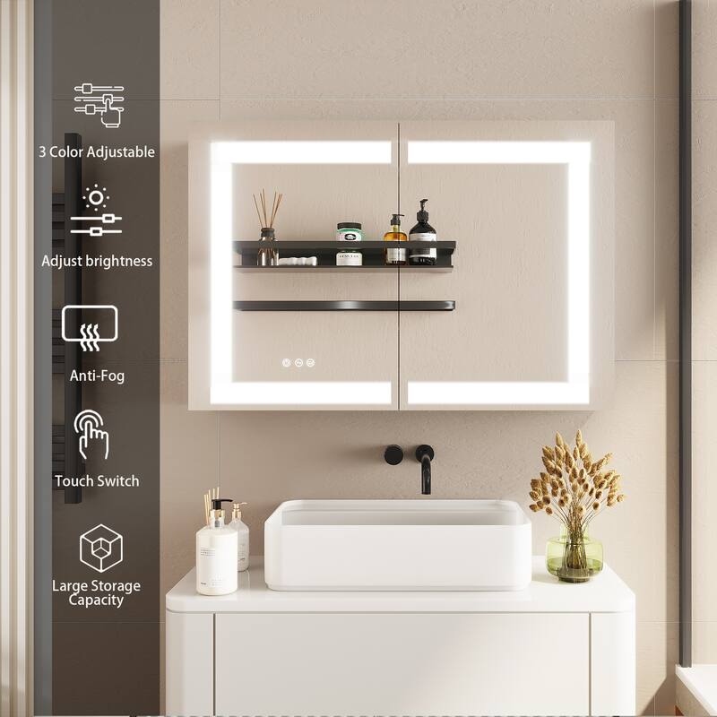 36 in. W x 24 in. H Rectangular Aluminum Frameless LED Lighted and Defogger Medicine Cabinet with Mirror