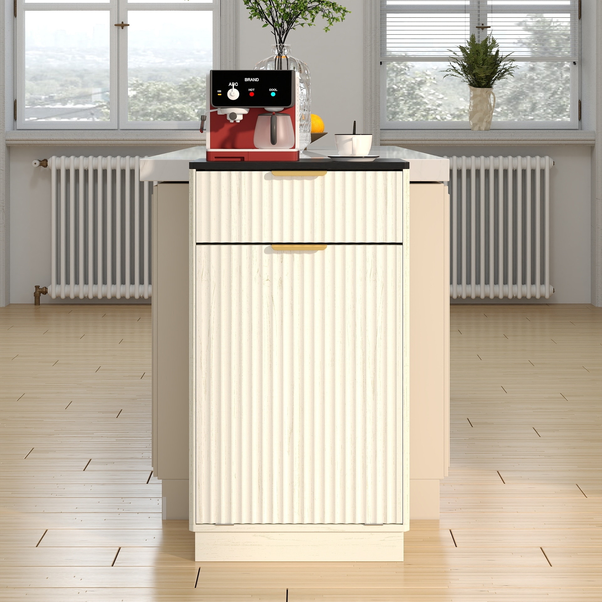 10-Gallon Woodgrain Tilt-Out Trash Can Cabinet Wooden Garbage Recycling Cabinet with Wave-Textured Hideaway Drawer&Pull-Out Bin