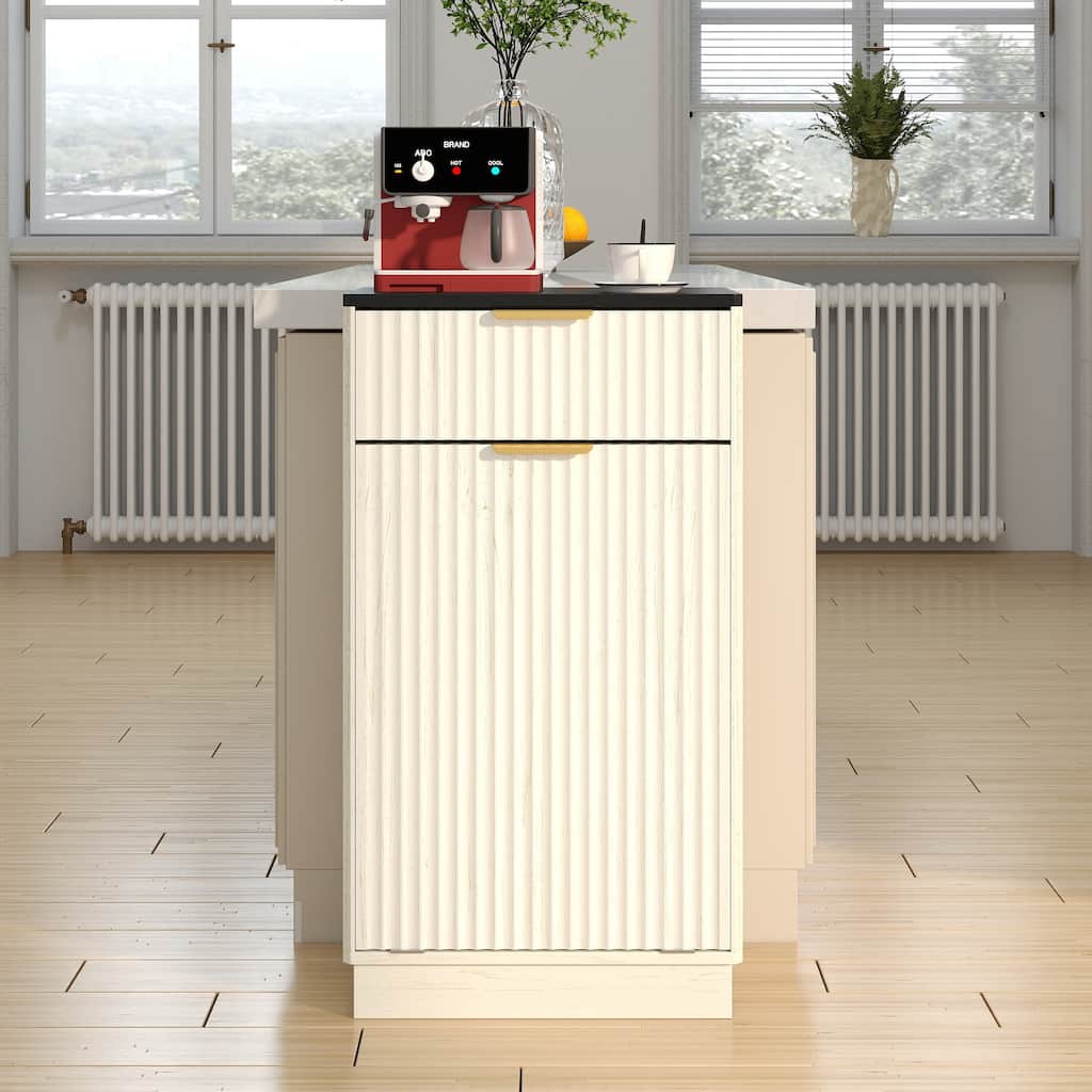10-Gallon Woodgrain Tilt-Out Trash Can Cabinet Wooden Garbage Recycling Cabinet with Wave-Textured Hideaway Drawer&Pull-Out Bin