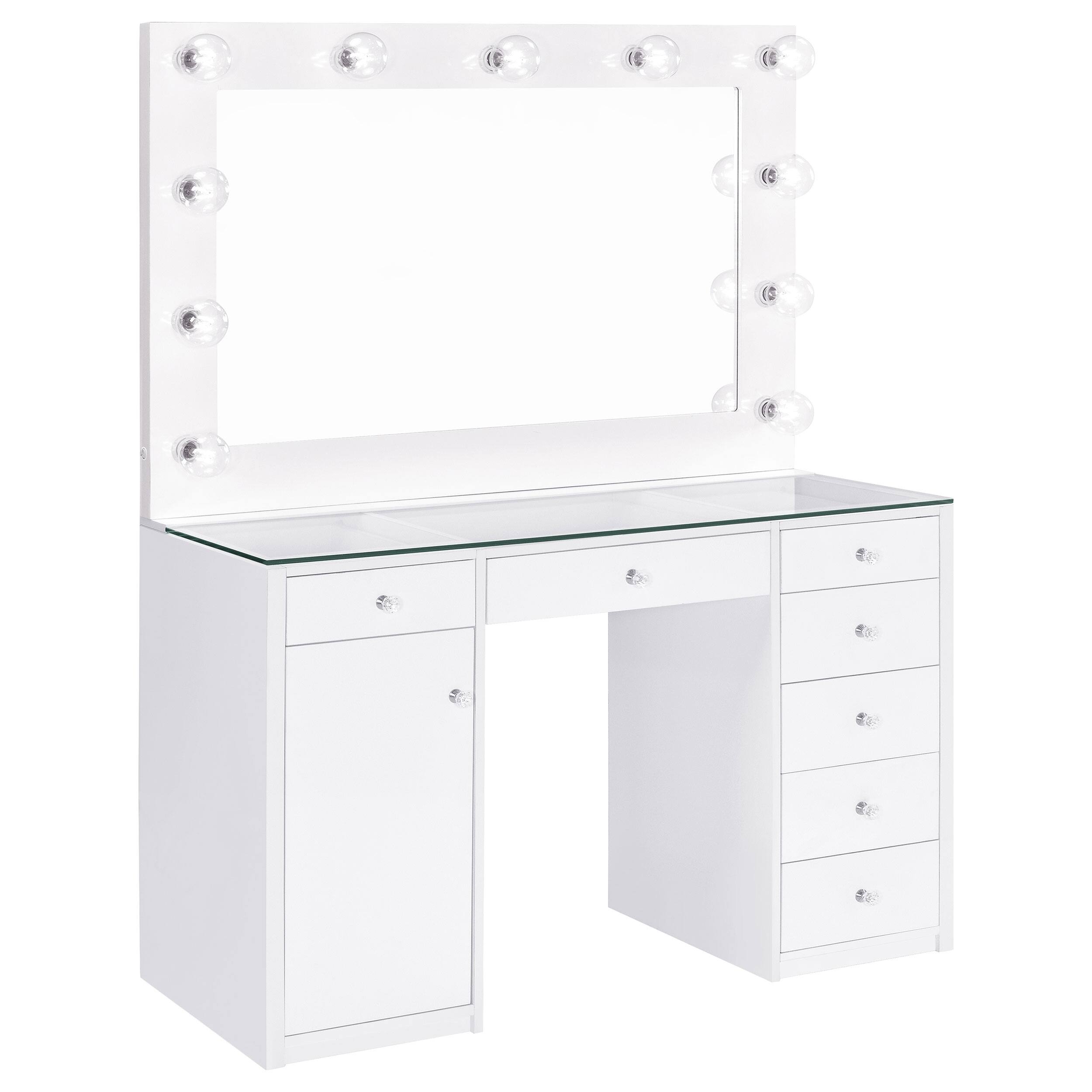 Acena White 7drawer Glass Top Makeup Table Vanity Desk Hollywood