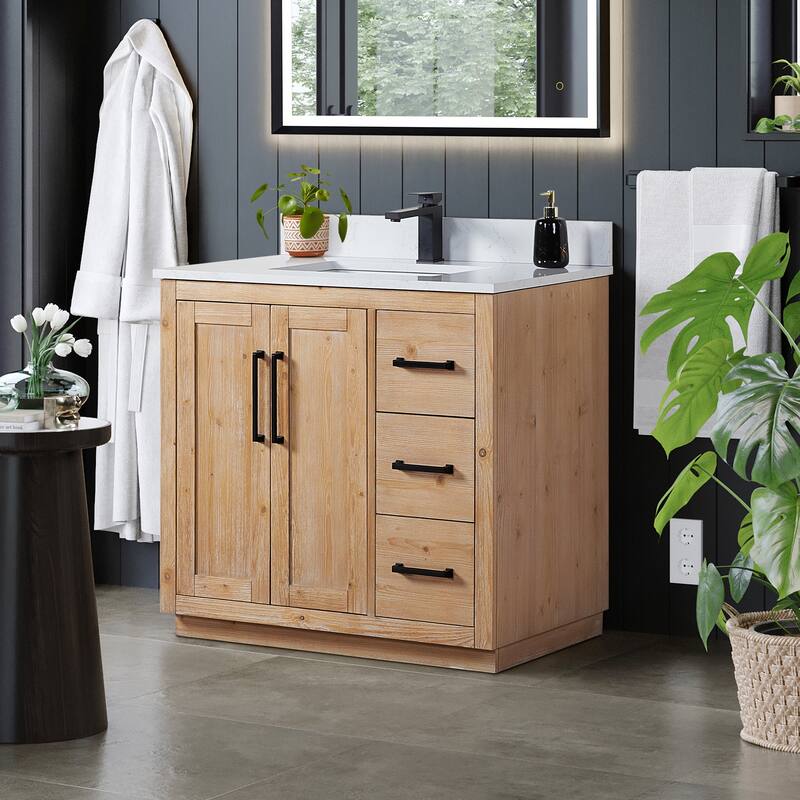 Cicero Single Bathroom Vanity in Light Brown with Grain White Engineered Stone Countertop without Mirror