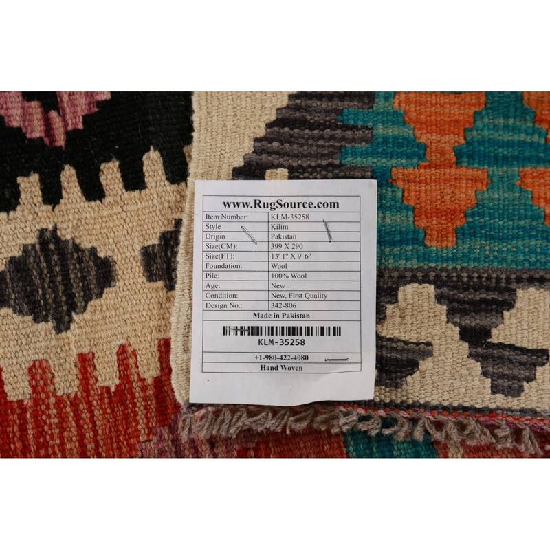 Reversible Kilim Oriental Area Rug Bedroom Hand-Woven Wool Carpet - 9'6"x 13'1"