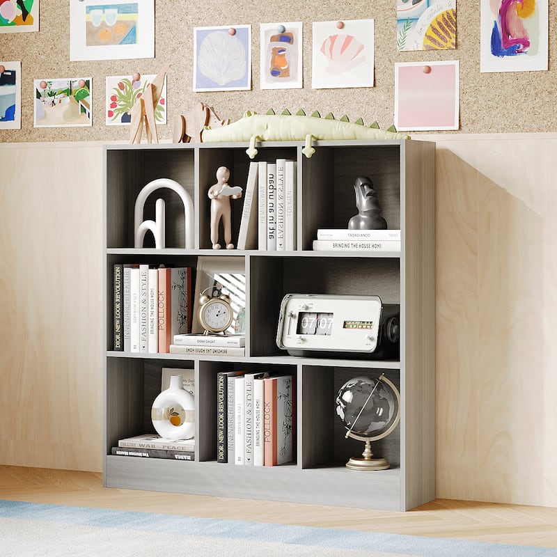 Gray Bookshelf with Multi-Size Storage Compartments Home Office Bookcase Organizer Bookcase Organizer