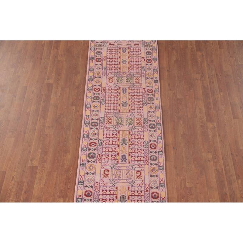 Tribal Pink Geometric Khotan Oriental Runner Rug Handmade Wool Carpet - 2'5"x 9'11"