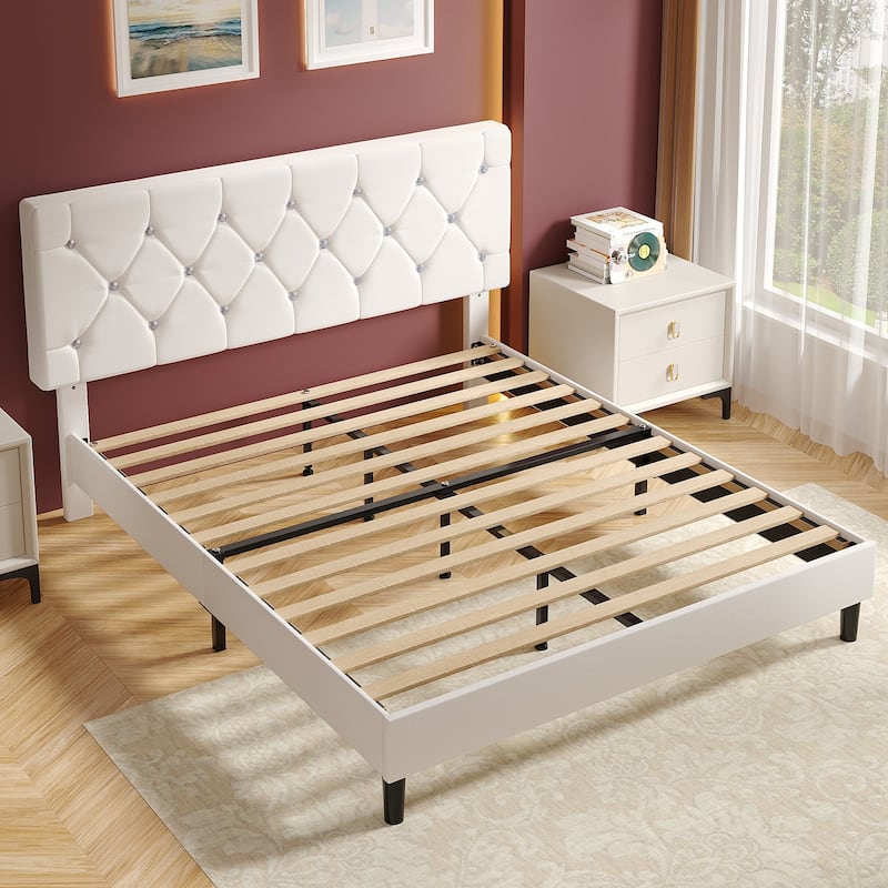 VECELO Upholstered Beds With Diamond Tufted Headboard Platform Bed Frame 7.9'' Under Bed Space