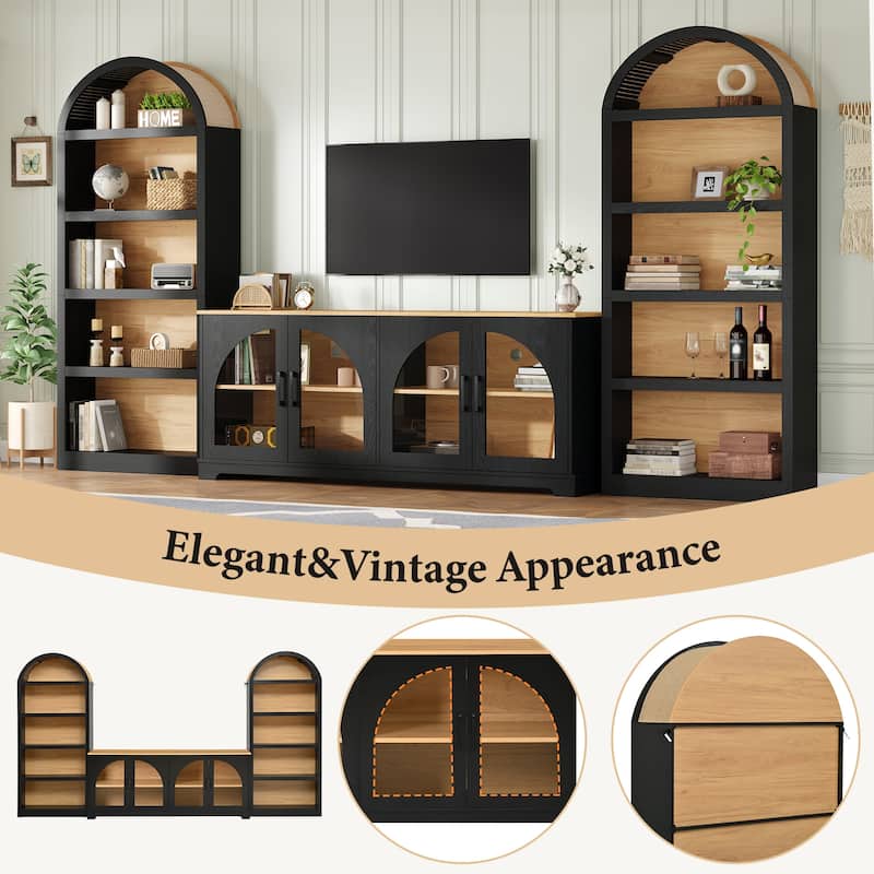 3-Piece TV Stand Set with Bookshelf for TVs Up to 70", Wood Grain Entertainment Center with Arched Design, Tempered Glass Doors