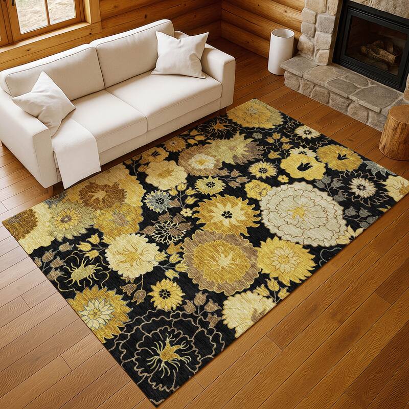 Machine Washable Indoor/ Outdoor Modern Floral Chantille Rug