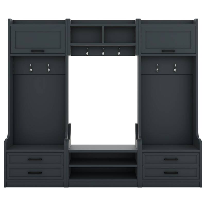 4-in-1 Detachable Hall Tree with Storage, 7 Hooks, Coat Rack, Drawers & Cabinet, Black Shoe Bench for Entryway Hallway