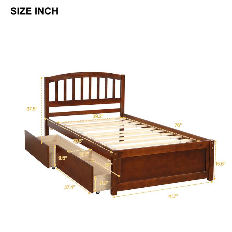 Twin Wood Platform Storage Bed with Drawers and Headboard, Walnut Finish
