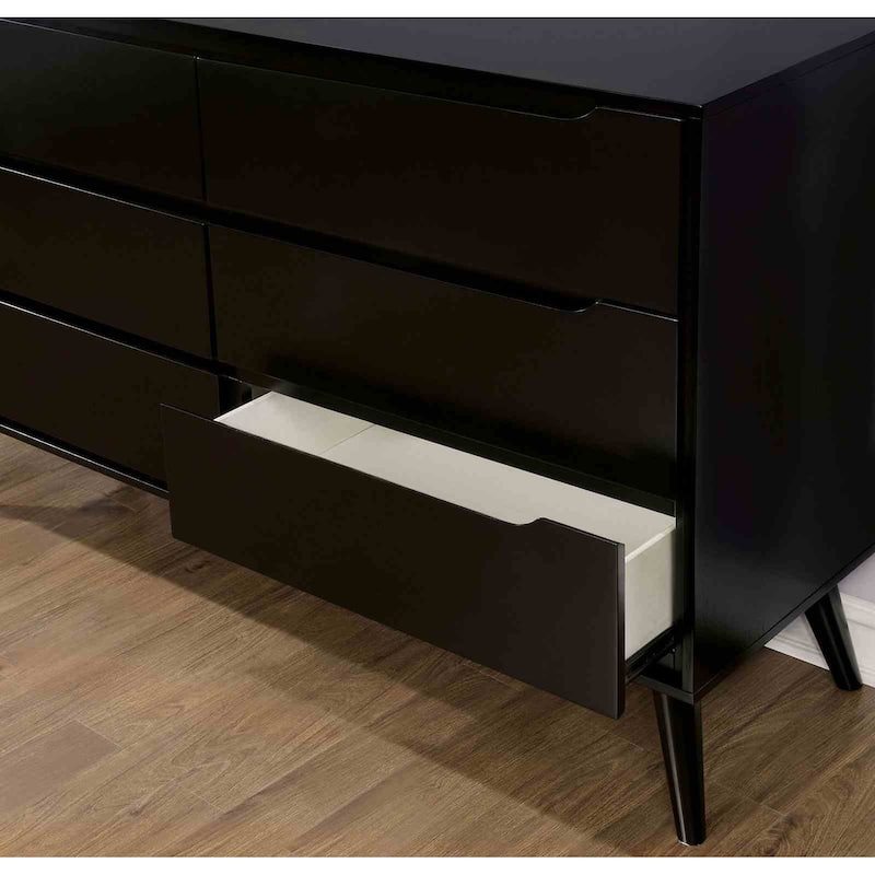 Black Finish Mid Century Modern Bedroom Furniture Set Bed Nightstand Dresser Mirror Chest