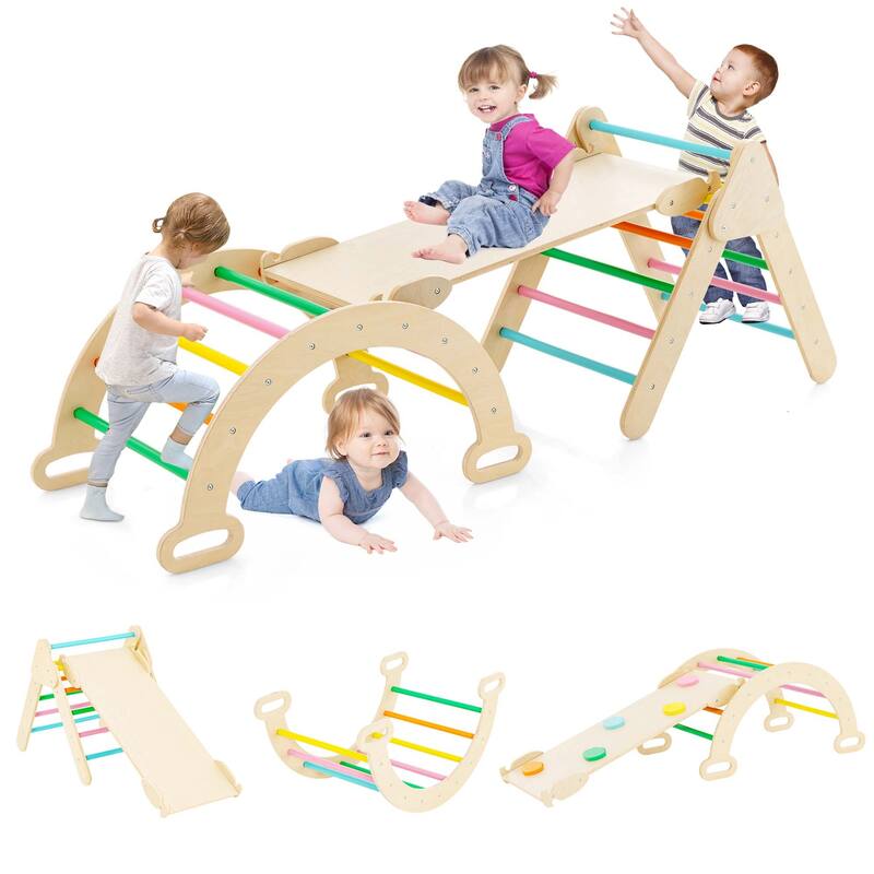 Costway 3-in-1 Kids Climber Set Toddler Wooden Play Arch with Sliding - See Details - See Details - Brown
