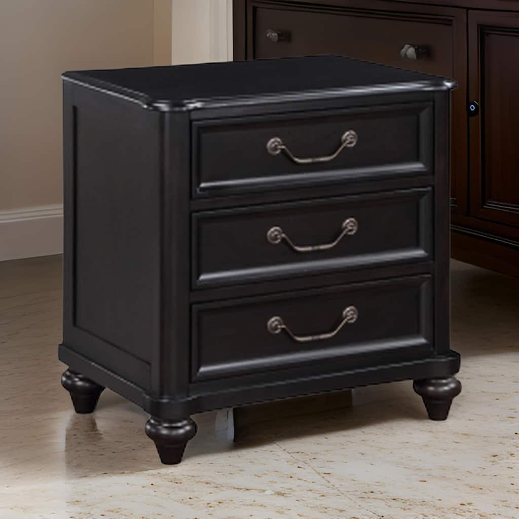 Vix 27 Inch Nightstand, 3 Drawers, Molded Design Pewter Drop Handles, Black