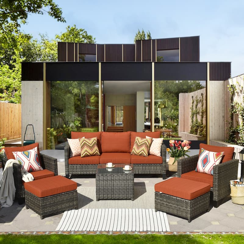 OVIOS 6-piece Outdoor Patio Wicker Conversation Set With Glass-Top Table