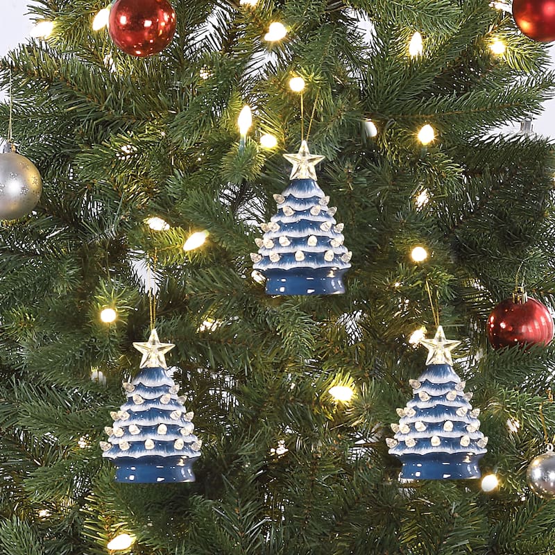 5 in. Set of 3 Nostalgic Ceramic Tree Ornament- Blue with White Bulbs
