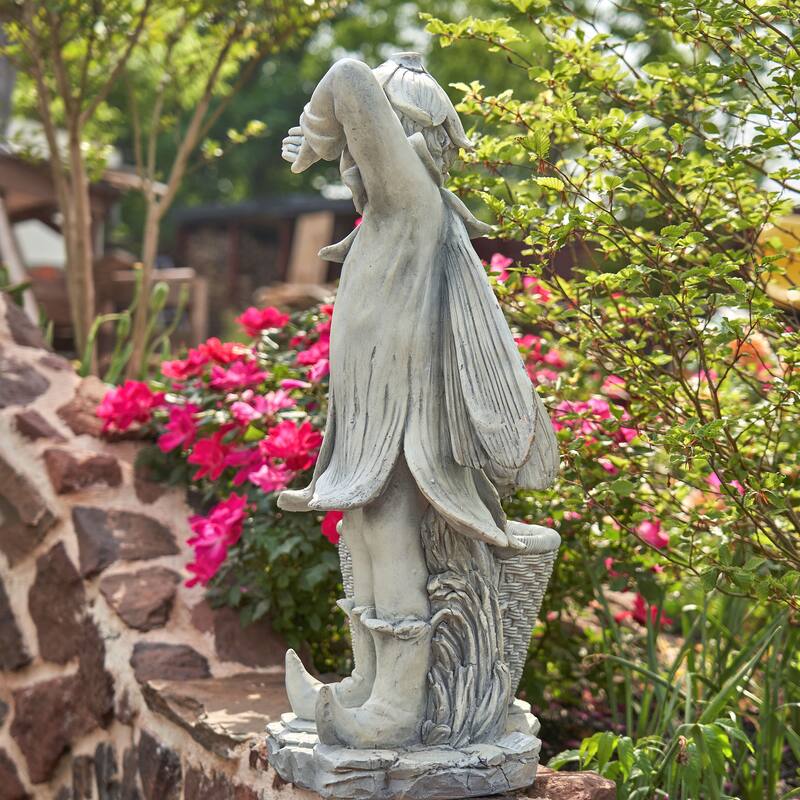 30" Tall Magnesium Fair Garden Statue with Basket Antique White