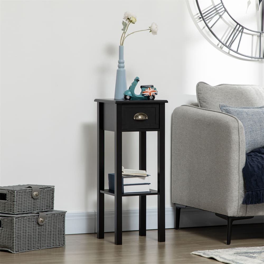 29"2-Tier Side Table with Drawer Shelf,End Table for Living Room,Black