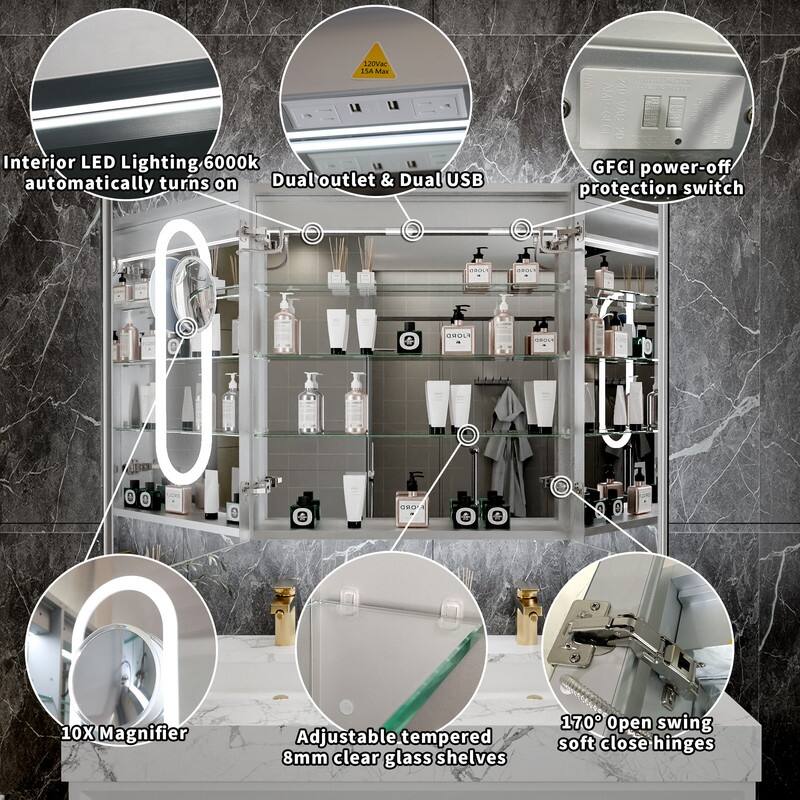 MEDUNJESS Double Opening Frameless Bathroom Mirror Cabinet with Defogging