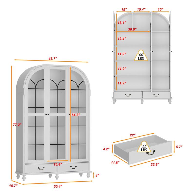 Glass Door Display Cabinet with Storage DrawersBookcase with Wooden Legs
