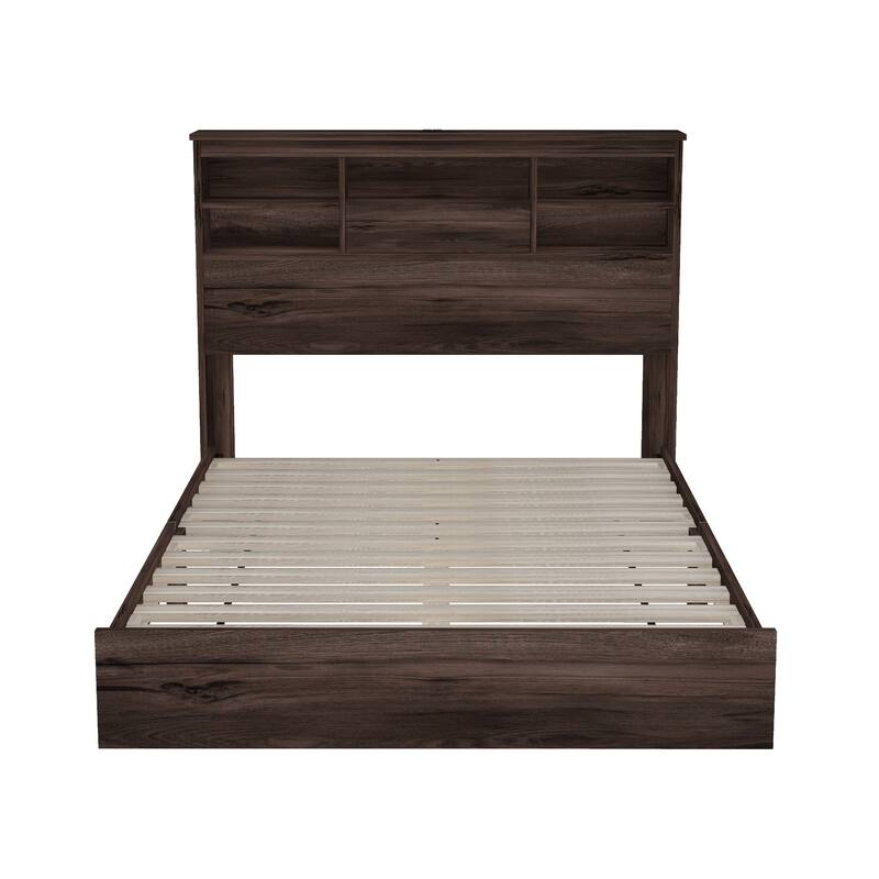 Wood Platform Bed Frame, 2 USB Ports & 2 Sockets on Storage Headboard Bookcase Bed, Panel Bed Bedroom