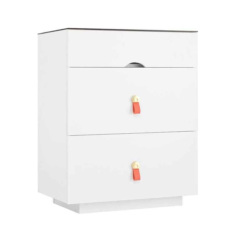 Nightstand with LED Lights & 3 Drawers, Side Table with Glass Top Jewelry Storage Compartments, Small Wood Accent Table