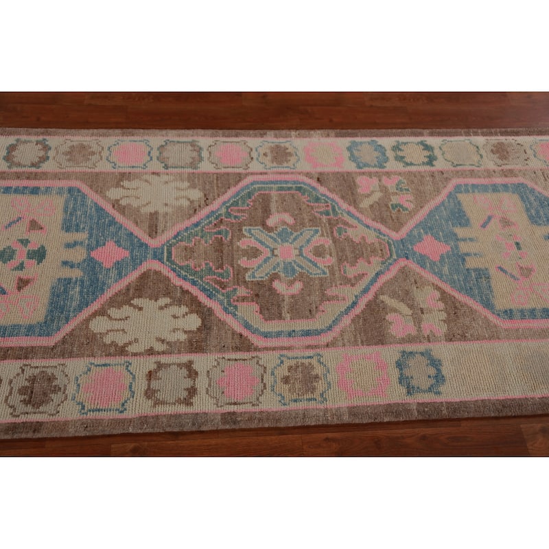 Hand Knotted Oriental 100% Wool Carpet Transitional Geometric Brown Oushak Runner Rug - 16' 1'' X 3' 5''