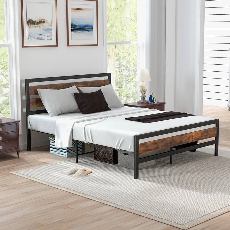 Costway Full/Queen Industrial Metal Platform Bed Frame Rustic