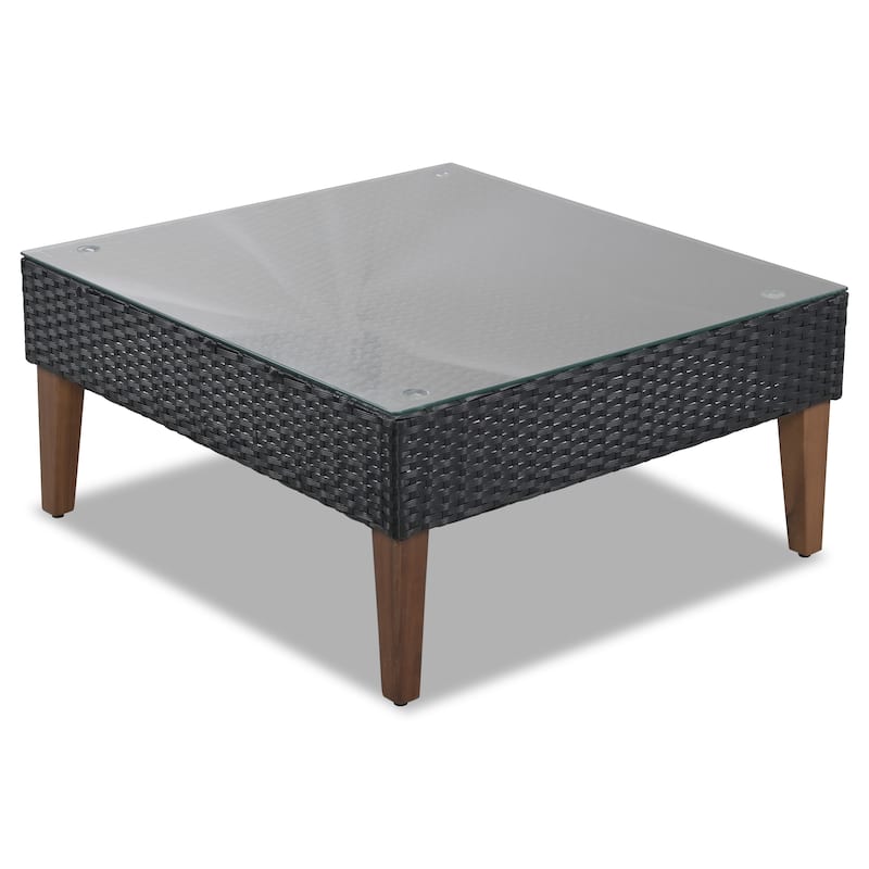 Roomfitters 4-Piece Outdoor Sectional Sofa Set with Glass Coffee Table, Tapered Wood Legs Rattan Furniture, Black+Gray