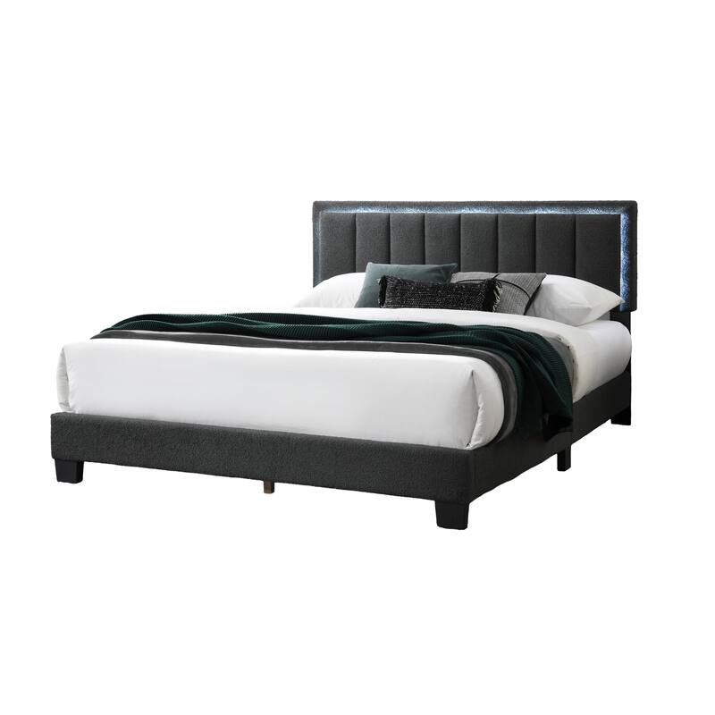1pc Queen Size Bed Charcoal Wool Fabric Channel Tufting w LED Full Upholstered Bedframe Bedroom Bed