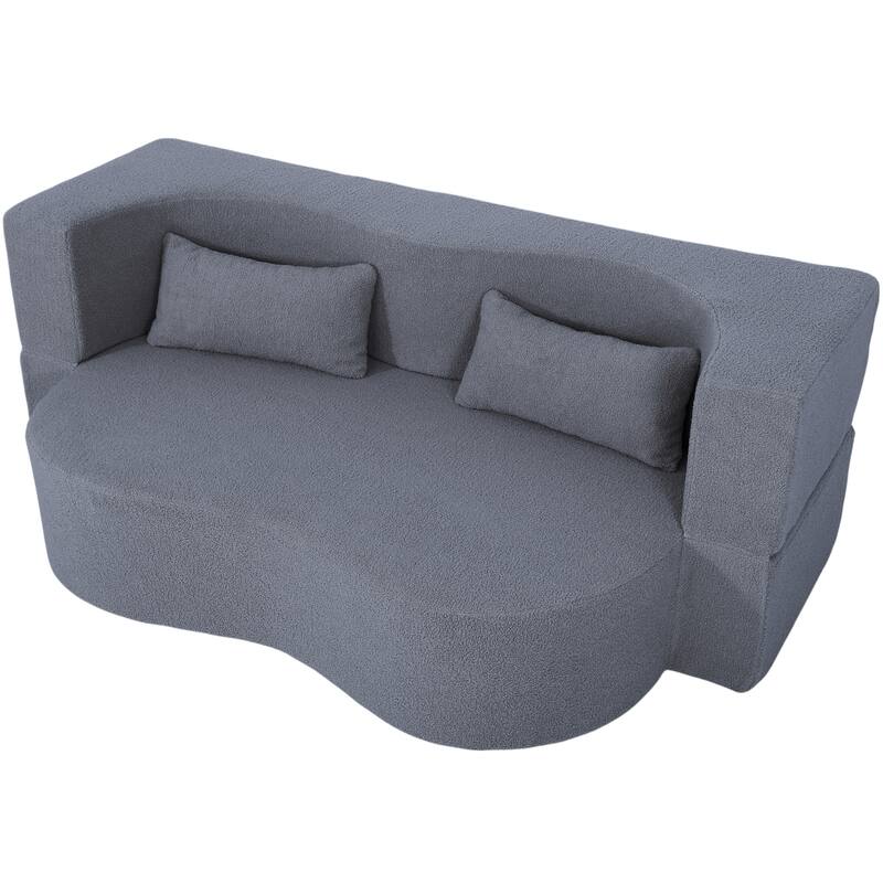 2-in-1 Convertible Loveseat Sofa Bed, Full Size Floor Bed Mattress, Folding Teddy Fabric Futon Couch with 2 Pillows