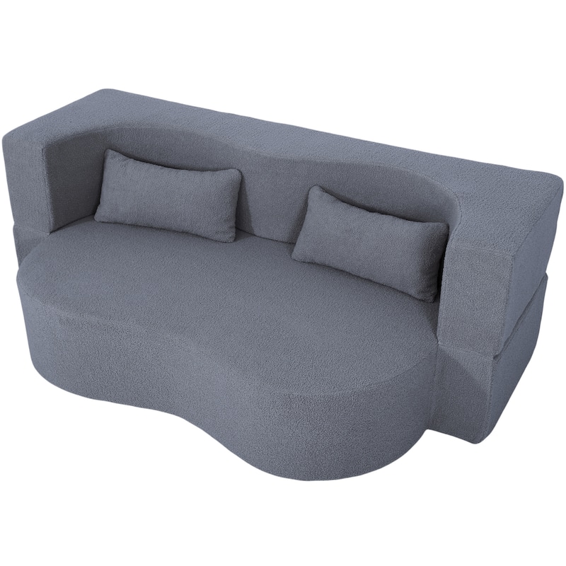Modern 2-Seater Sofa 2-in-1 Folding Sofa Bed with 2 Pillows, Soft Teddy Fabric and Non-Slip Bottom, for Living Room, Dorm