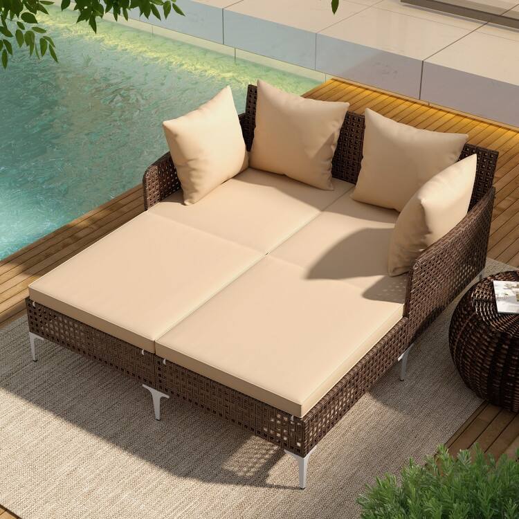 Mix Brown Rattan Day Bed with Cushions Outdoor Lounger - 60" x 52.5" x 27.5"