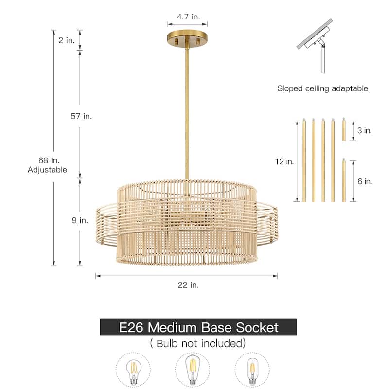 Saturn 4-Light Modern Bohemian Chandelier with Natural Rattan Shade - 22 in. W
