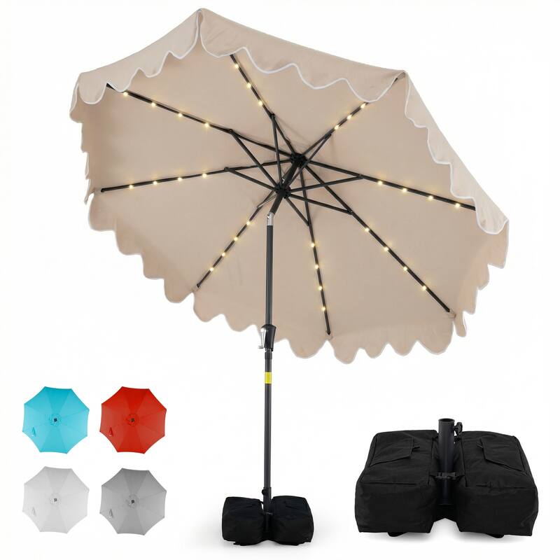 Gymax 9 FT Outdoor Patio Umbrella w/32 Solar LED Lights & Weighted - Brown