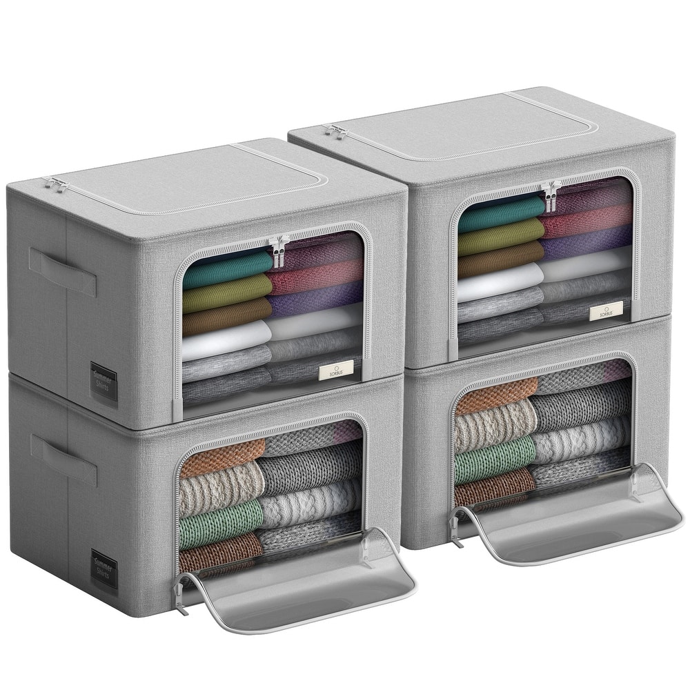 Sorbus Storage Bins with Metal Frame Stackable Foldable Clothes Organizer Bags Oxford Fabric With Clear Window & Handles- 4Pk