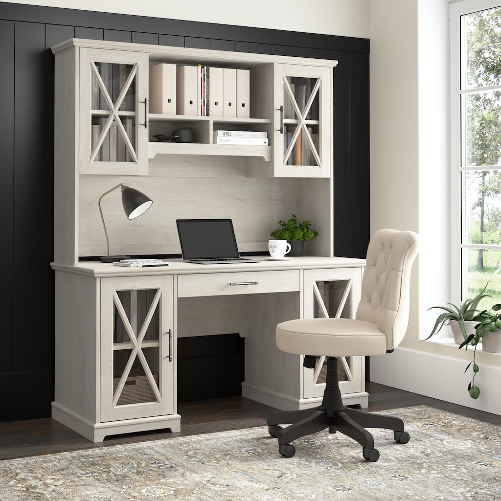 Lennox Farmhouse Desk with Hutch and Keyboard Tray by Bush Furniture