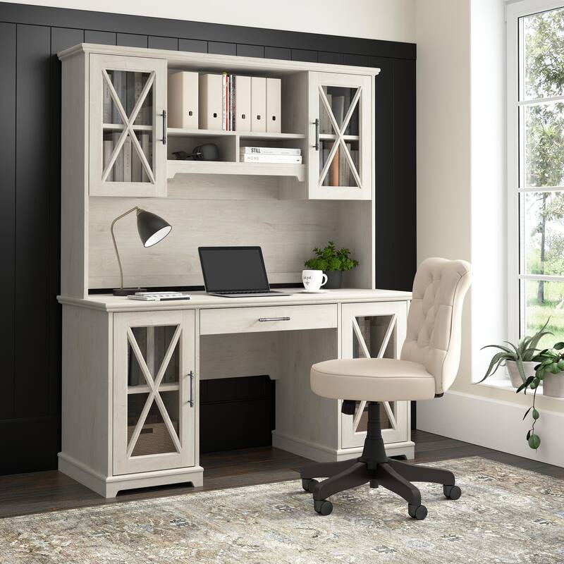 Lennox Farmhouse Desk with Storage and Keyboard Tray by Bush Furniture