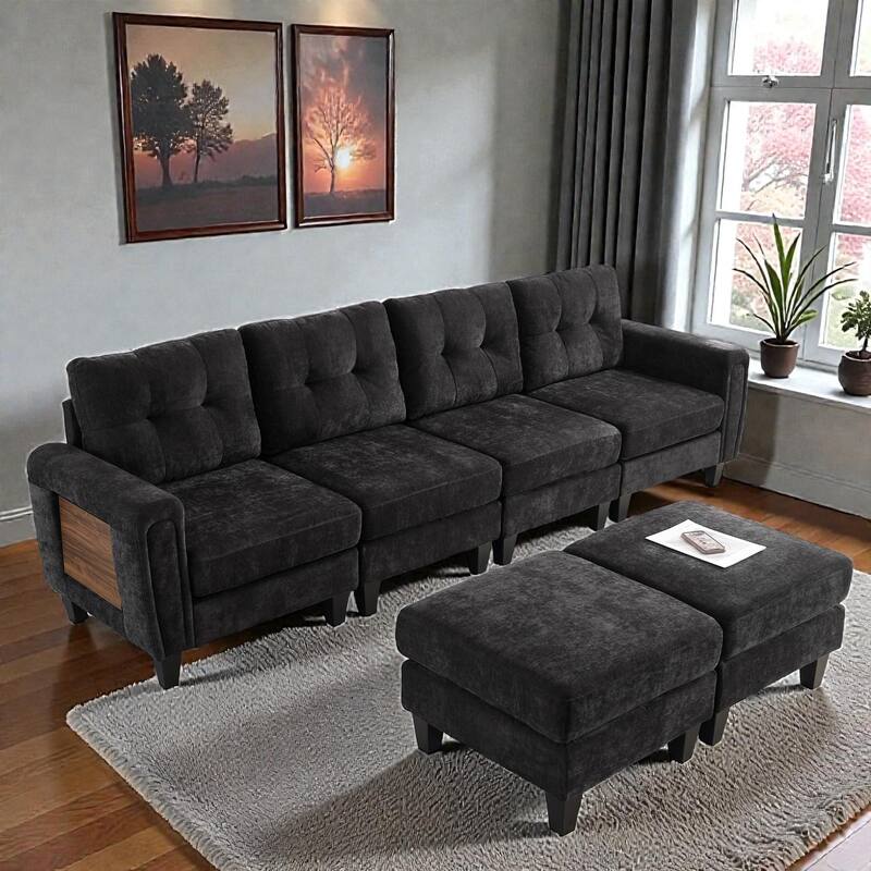 Modern 115" U-Shaped Modular Sectional Sofa with 2 Ottomans, USB Charging Ports, Foldable Side Tables, Chenille Upholstery