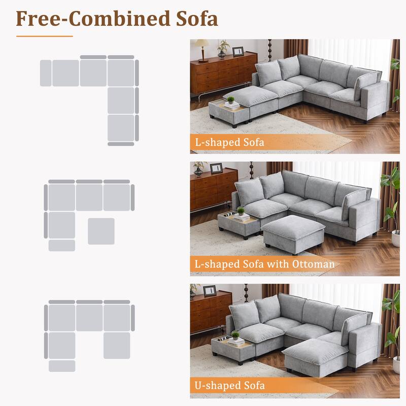90" U-shaped Sofa with Ottoman and Hidden Charging Coffee Table, Grey Chenille
