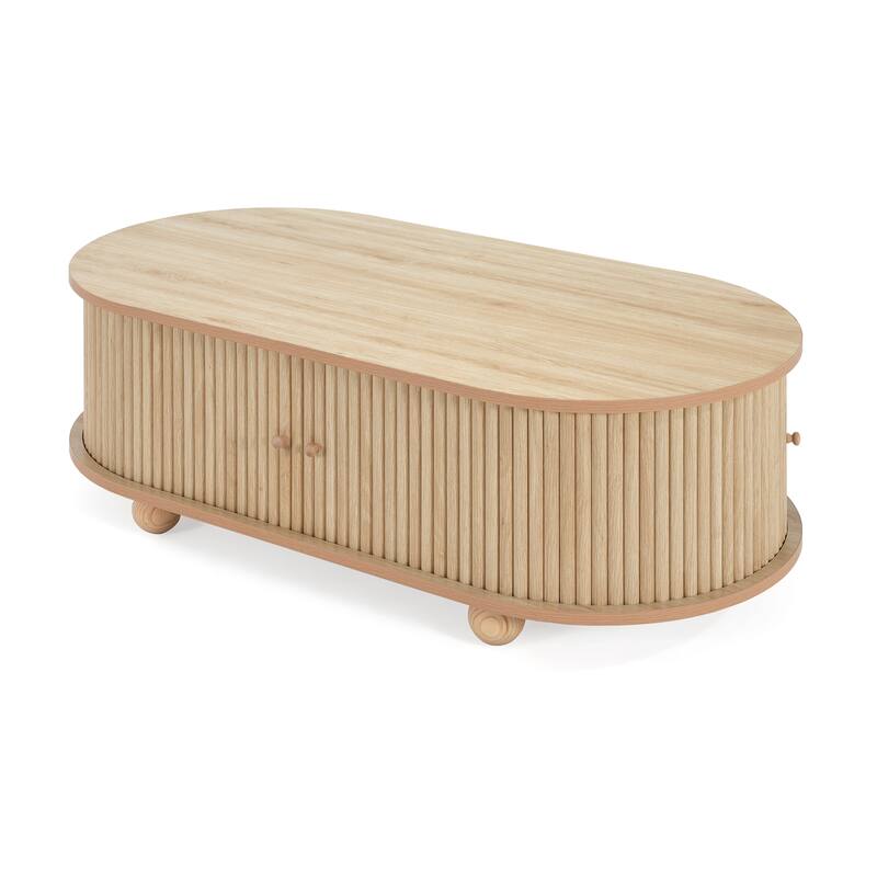 Natural Wood Grain Long Oval Coffee Table Storage Center Table with Hidden Compartment, Accordion Door and Ball-shaped Legs