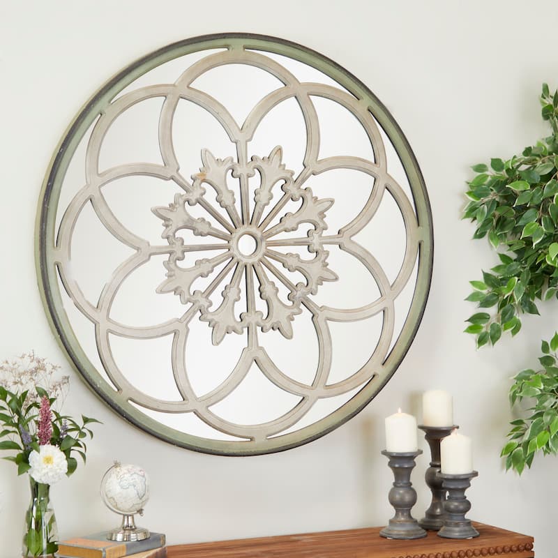 Wooden Floral Medallion Wall Mirror - Cream - Roche River Decor - 2"W x 40"L x 40"H