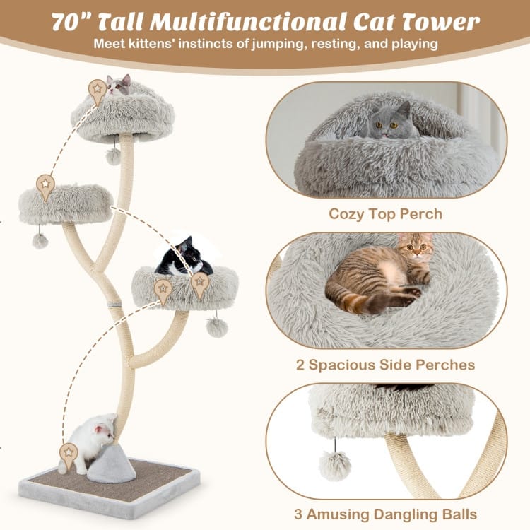 70" Tall Cat Tree 4-Layer Cat Tower with 3 Perches and Dangling Balls - 23.5" x 23.5" x 70"
