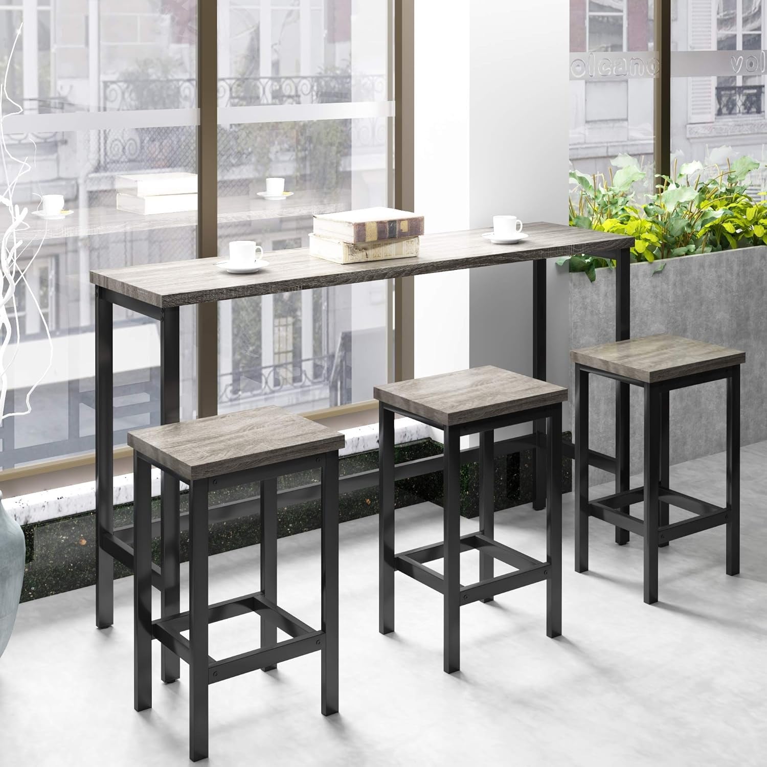 4-Piece Long Bar Table Set with 3 Stools, Space-Saving Counter Height Table for Kitchen or Dining Room