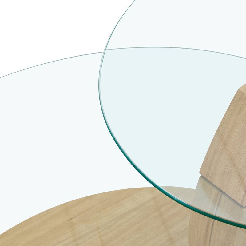 Modern Round Glass Coffee Table w/ Wood Base, 3 Tier Round Coffee Table, Clear Cocktail Table w/ Storage for Home Office