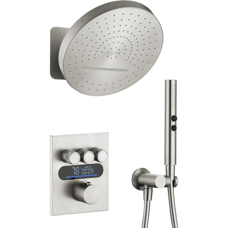 Lefton Shower System in Fahrenheit Display, 13” Overhead Shower Head with All-in-one Handheld Spray Showerhead, SSWM2501 - Brushed Nickel