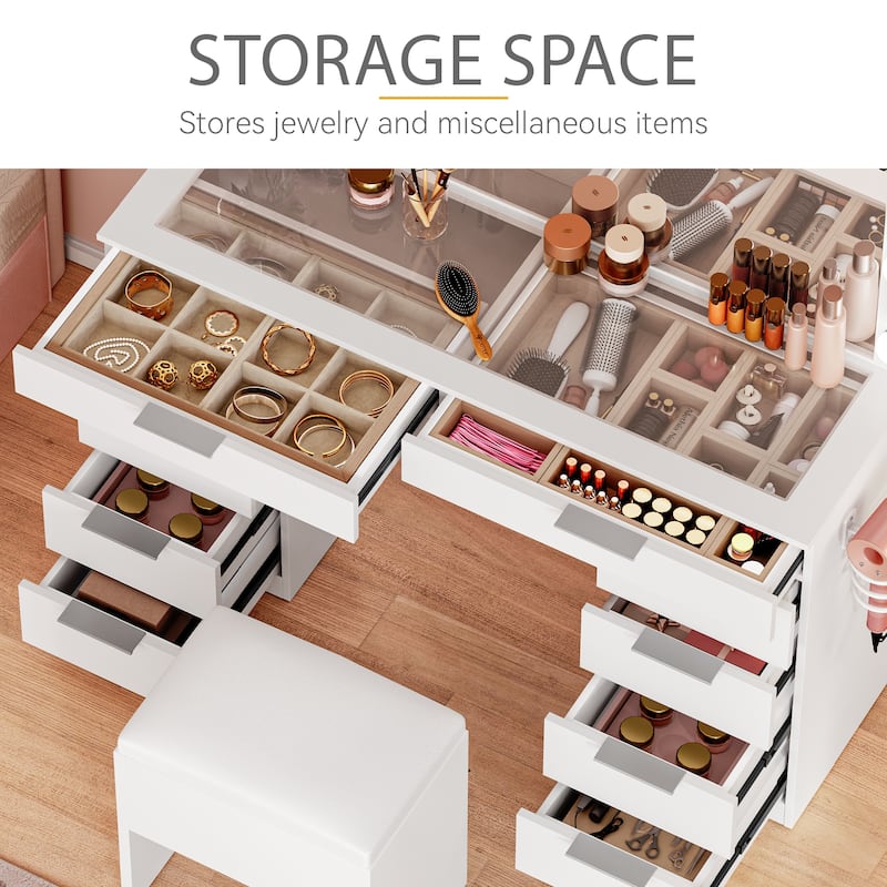 Moasis 10-Drawer Cosmetic Vanity Desk Set with Glass Tabletop Makeup Vanity with Stool