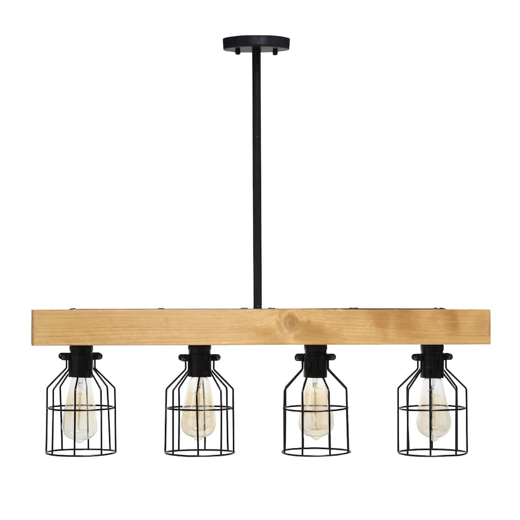 Pendant Light - 4 Light Cage Shade with Wood & Matte Black - Farmhouse Lighting - 47