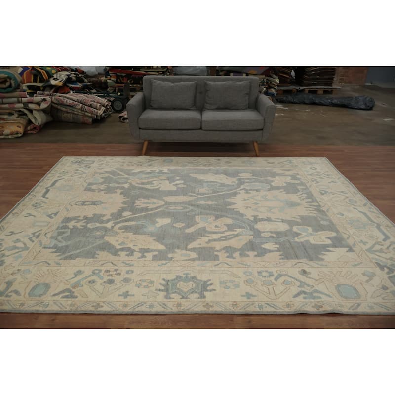 Hand Knotted Oriental 100% Wool Carpet Transitional All-Over Greys & Charcoal Oushak Area Rug - 9' 11'' X 7' 10''