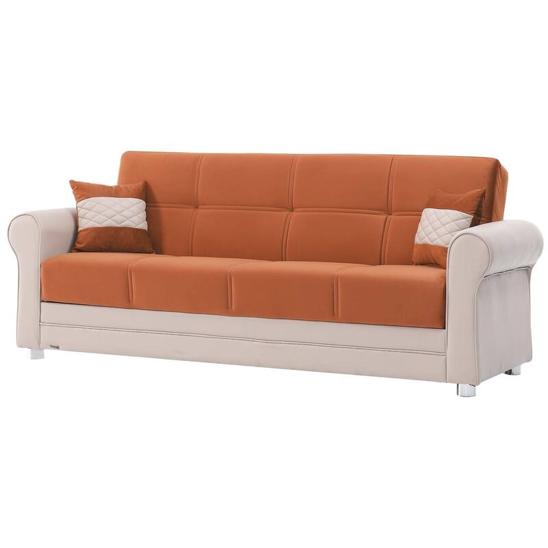HomeRoots 89" Orange Polyester Convertible Futon Sleeper Sofa And Toss Pillows With Storage